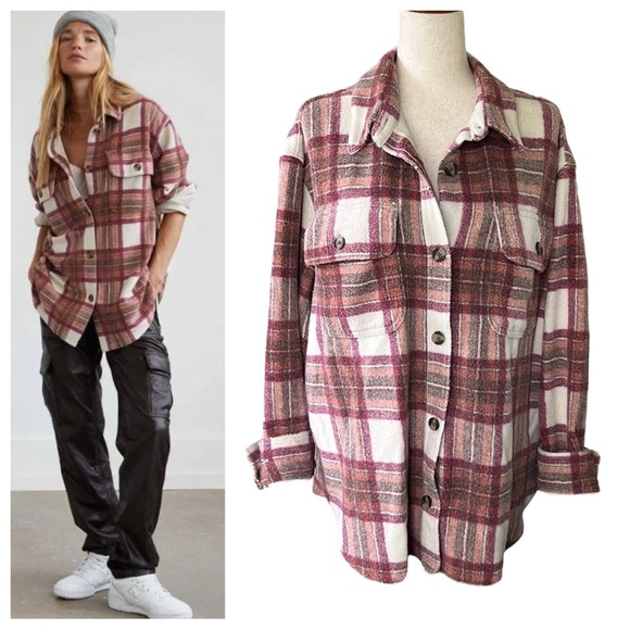 AE Oversized Plaid Fleece & Love Shacket - Picture 1 of 12